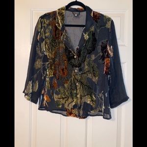 Citron Santa Monica Collection Silk Rayon Black Sheer Velvet Beaded Button Top M